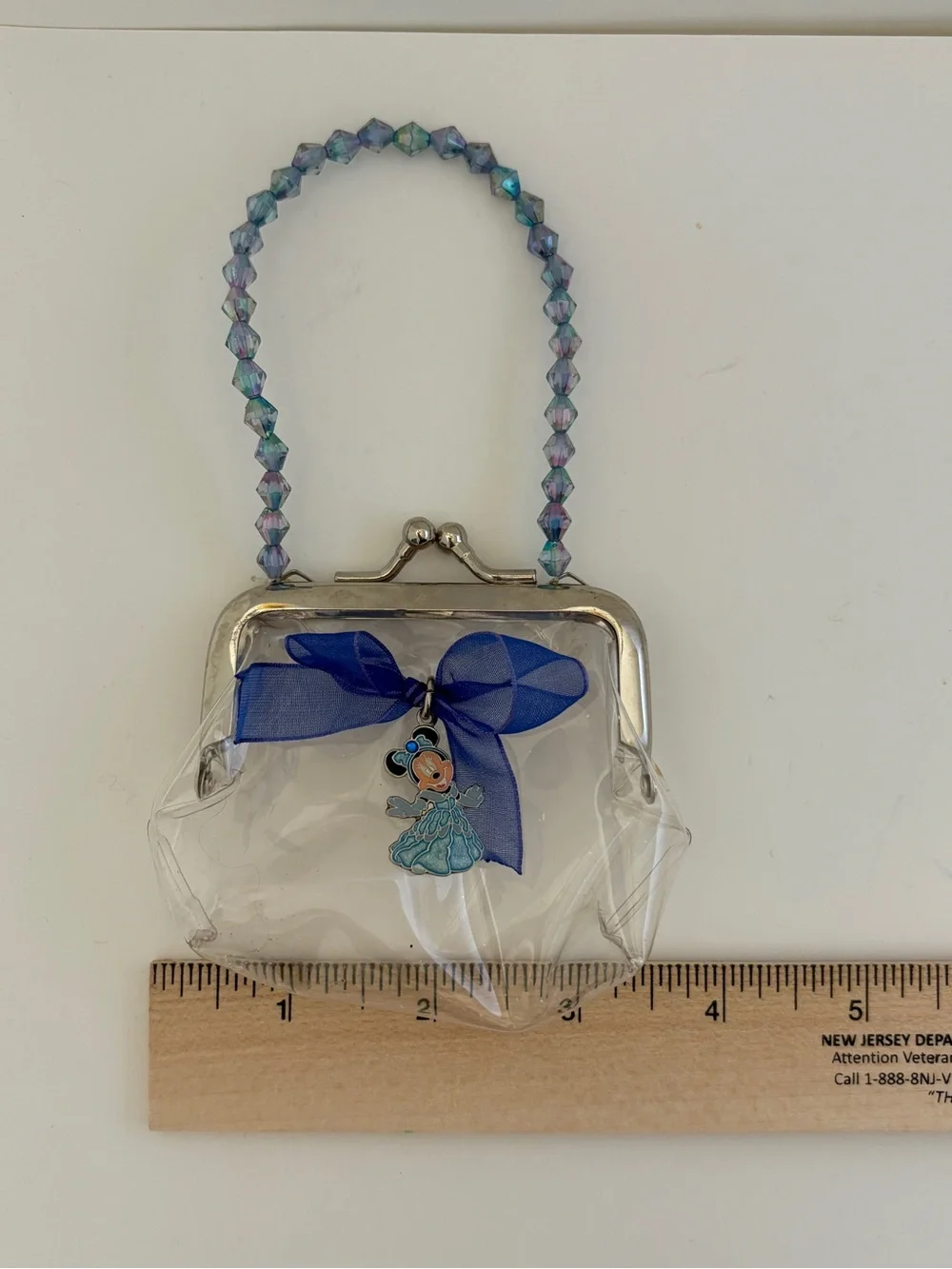 Disney Clear Mini Purse with Blue Bow and Iridescent Beaded Handle
